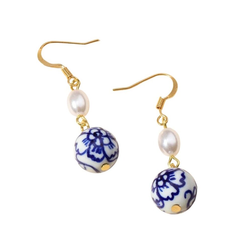 Blue Posy Pearl Drop Earrings
